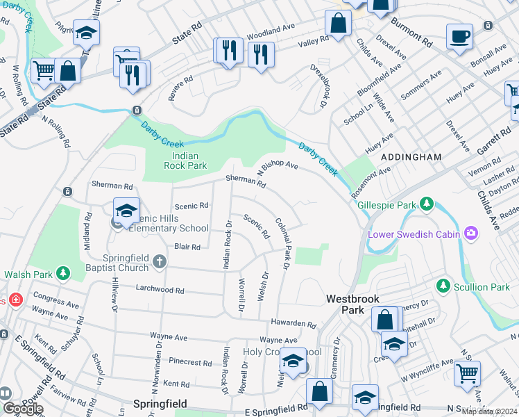map of restaurants, bars, coffee shops, grocery stores, and more near 448 Colonial Park Drive in Springfield