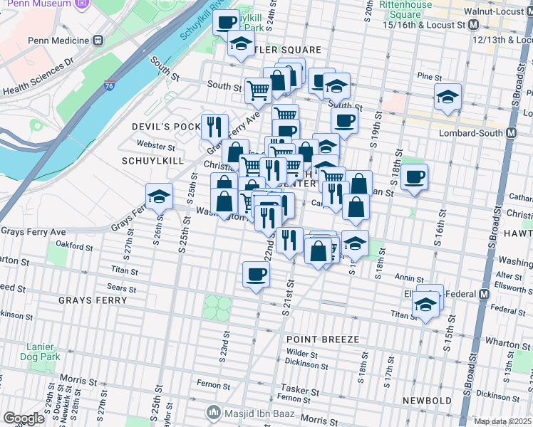 map of restaurants, bars, coffee shops, grocery stores, and more near 1608 Ogden Street in Philadelphia
