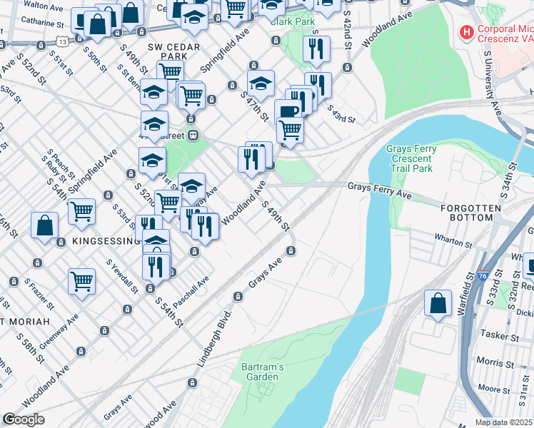 map of restaurants, bars, coffee shops, grocery stores, and more near 1428 South 49th Street in Philadelphia