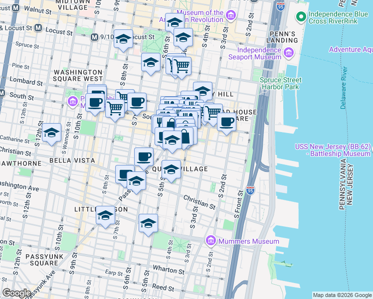 map of restaurants, bars, coffee shops, grocery stores, and more near South 4th Street & Monroe Street in Philadelphia