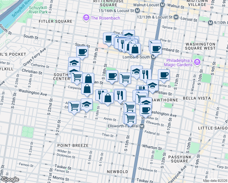 map of restaurants, bars, coffee shops, grocery stores, and more near 901 South 17th Street in Philadelphia