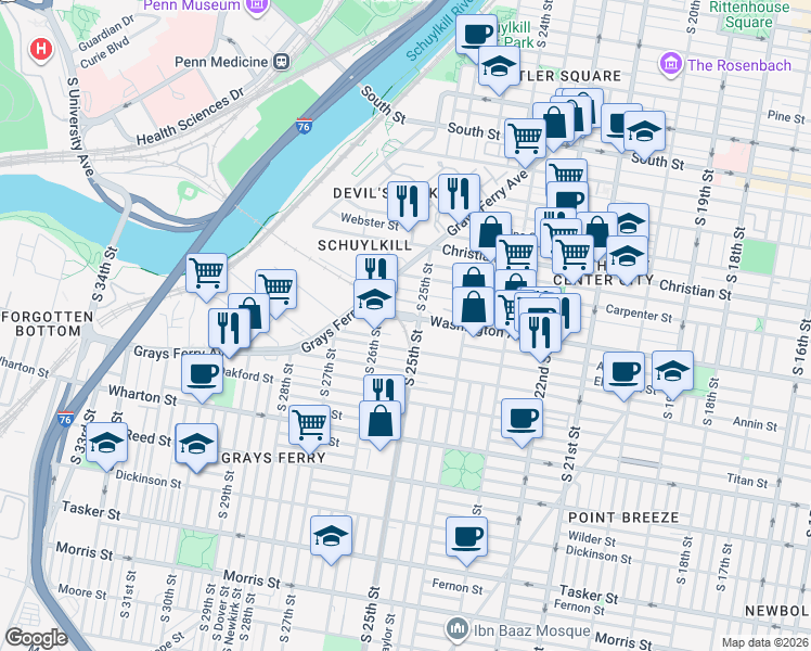 map of restaurants, bars, coffee shops, grocery stores, and more near 2544 Graduate Square in Philadelphia