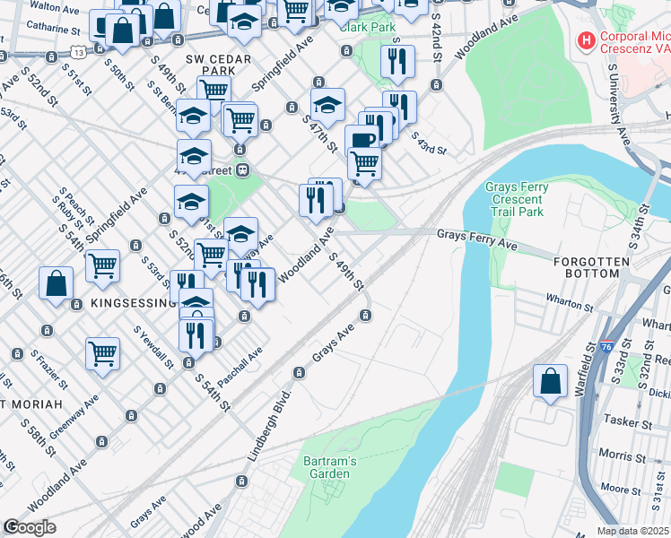 map of restaurants, bars, coffee shops, grocery stores, and more near 1428 South 49th Street in Philadelphia