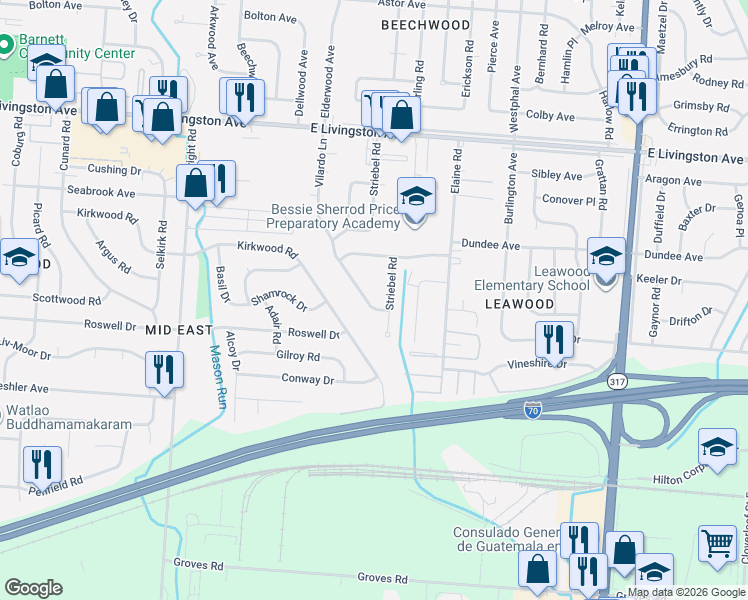 map of restaurants, bars, coffee shops, grocery stores, and more near 1627 Striebel Road in Columbus