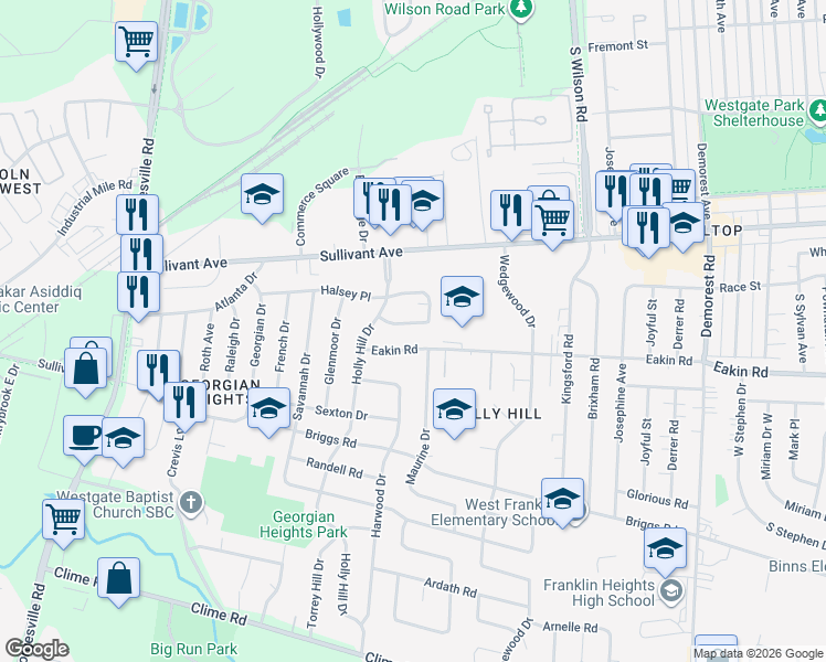 map of restaurants, bars, coffee shops, grocery stores, and more near 3864 Fairmoor Road in Columbus