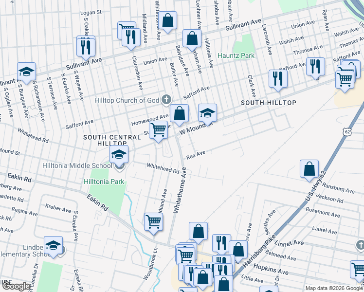 map of restaurants, bars, coffee shops, grocery stores, and more near 745 Butler Avenue in Columbus
