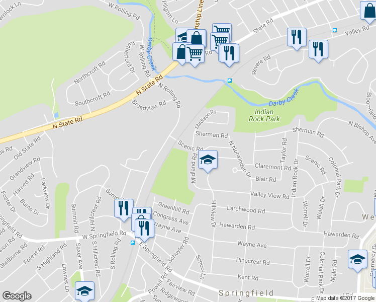 map of restaurants, bars, coffee shops, grocery stores, and more near 26 Scenic Road in Springfield