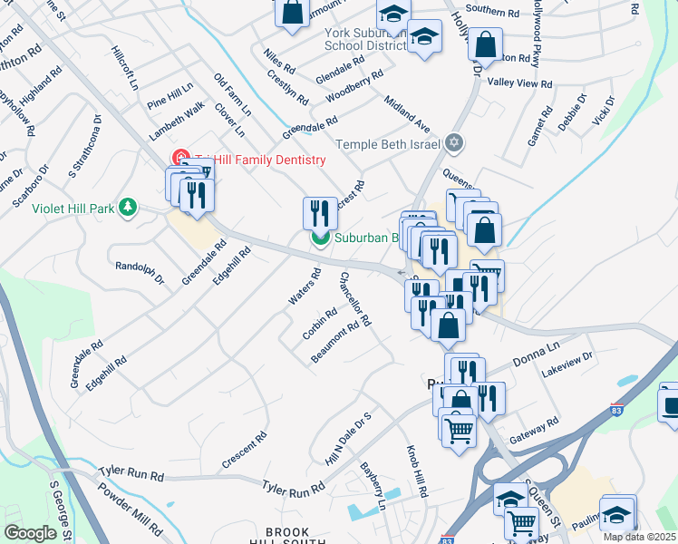 map of restaurants, bars, coffee shops, grocery stores, and more near 2006 South Queen Street in York