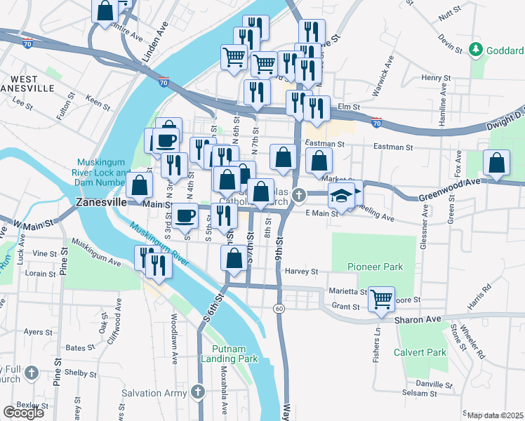 map of restaurants, bars, coffee shops, grocery stores, and more near 722 Main Street in Zanesville