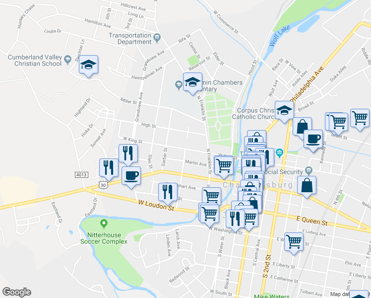 map of restaurants, bars, coffee shops, grocery stores, and more near 98 North Federal Street in Chambersburg