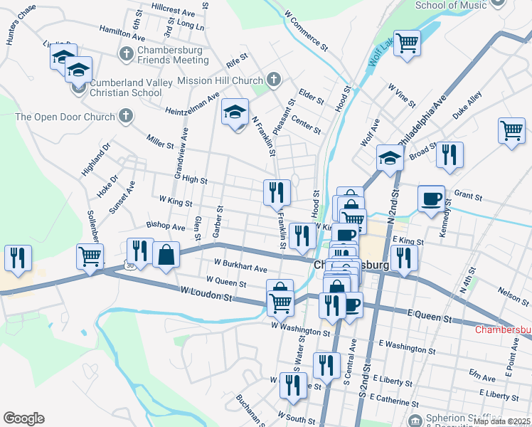 map of restaurants, bars, coffee shops, grocery stores, and more near 241 West King Street in Chambersburg