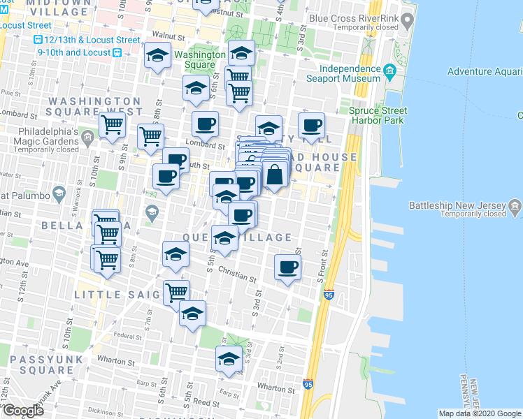 map of restaurants, bars, coffee shops, grocery stores, and more near 323 Monroe Street in Philadelphia