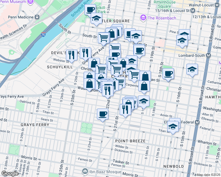 map of restaurants, bars, coffee shops, grocery stores, and more near 2135 League Street in Philadelphia