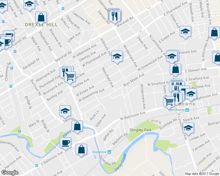 map of restaurants, bars, coffee shops, grocery stores, and more near 184 West Greenwood Avenue in Lansdowne