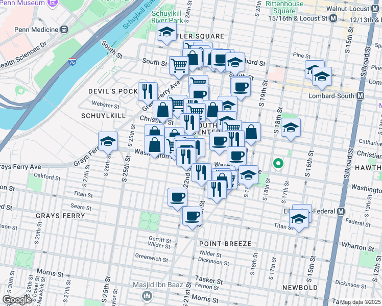 map of restaurants, bars, coffee shops, grocery stores, and more near 2103 League Street in Philadelphia