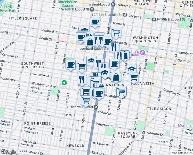 map of restaurants, bars, coffee shops, grocery stores, and more near 1414 Christian Street in Philadelphia