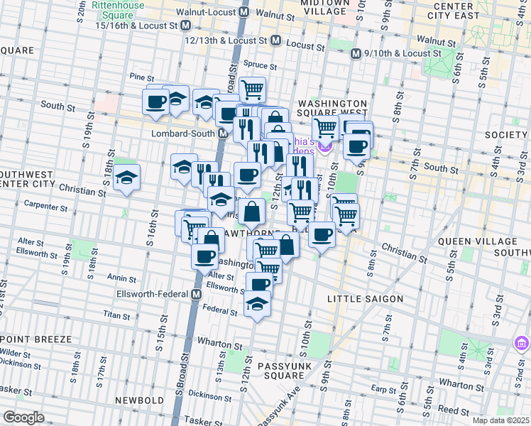 map of restaurants, bars, coffee shops, grocery stores, and more near 1208 Webster Street in Philadelphia