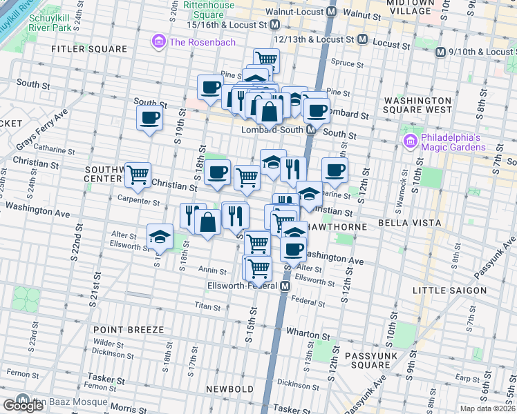 map of restaurants, bars, coffee shops, grocery stores, and more near 1601 Christian Street in Philadelphia