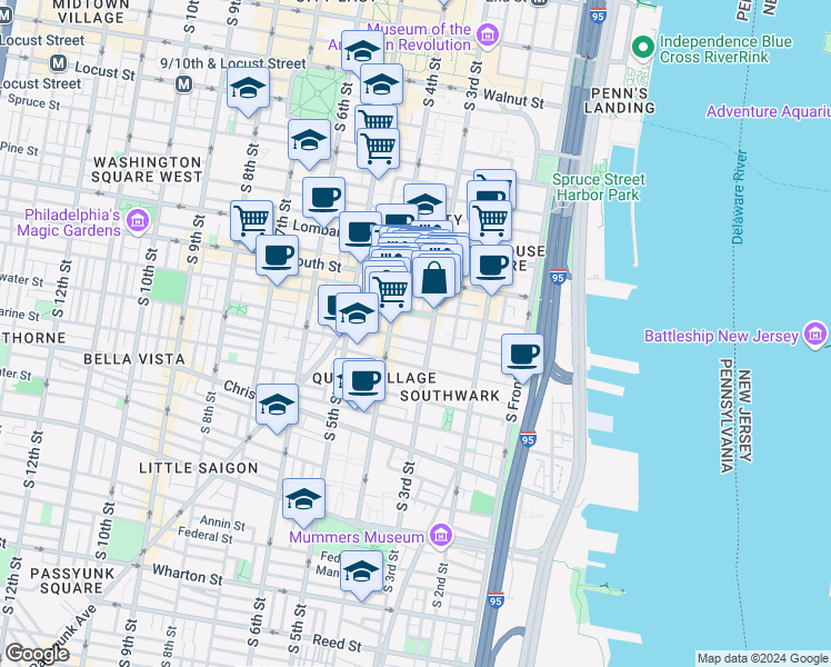 map of restaurants, bars, coffee shops, grocery stores, and more near 317-19 Monroe Street in Philadelphia