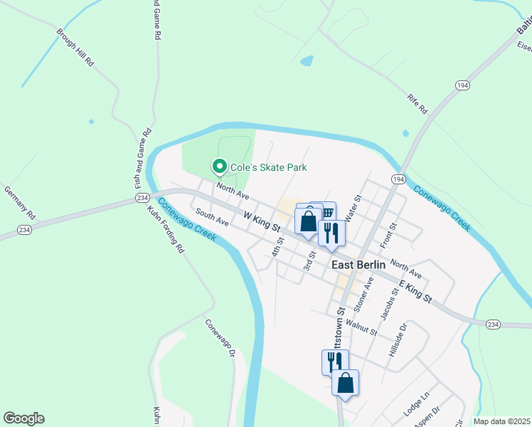 map of restaurants, bars, coffee shops, grocery stores, and more near 421 West King Street in East Berlin