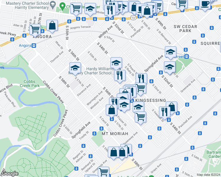 map of restaurants, bars, coffee shops, grocery stores, and more near 5537 Windsor Street in Philadelphia