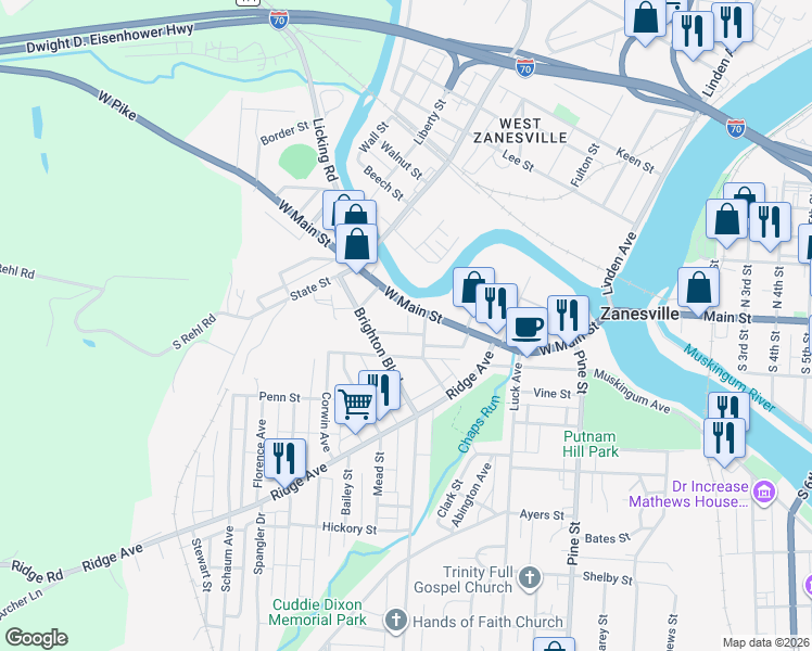 map of restaurants, bars, coffee shops, grocery stores, and more near 1300-1398 W Main St in Zanesville