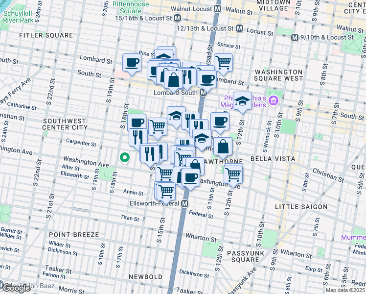 map of restaurants, bars, coffee shops, grocery stores, and more near 1422 Christian Street in Philadelphia