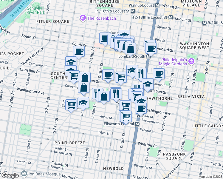 map of restaurants, bars, coffee shops, grocery stores, and more near 901 South 17th Street in Philadelphia