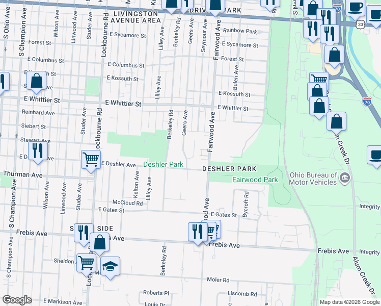 map of restaurants, bars, coffee shops, grocery stores, and more near 1279 Seymour Avenue in Columbus