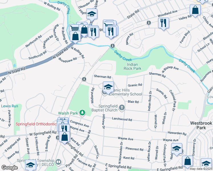 map of restaurants, bars, coffee shops, grocery stores, and more near 152 Scenic Road in Springfield