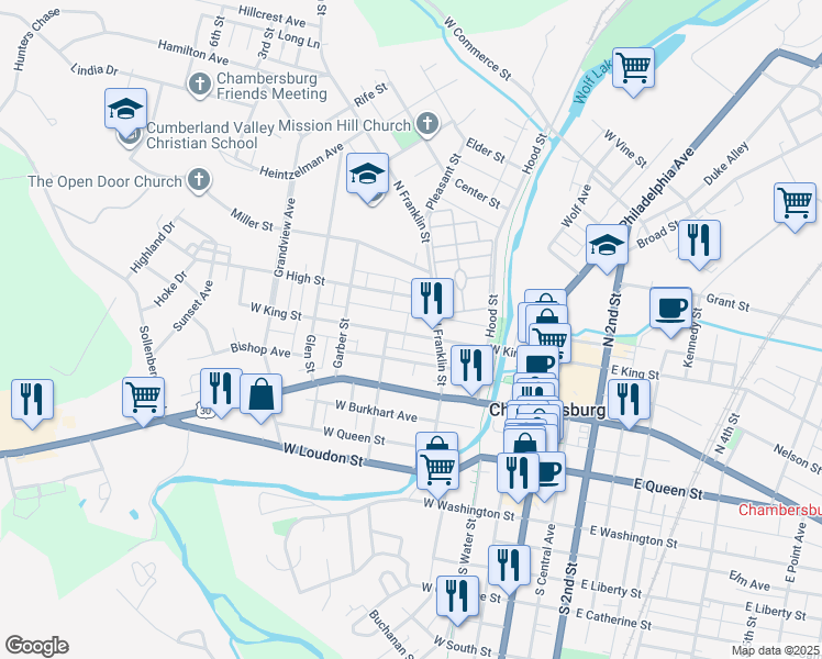 map of restaurants, bars, coffee shops, grocery stores, and more near 283 Federal Street in Chambersburg