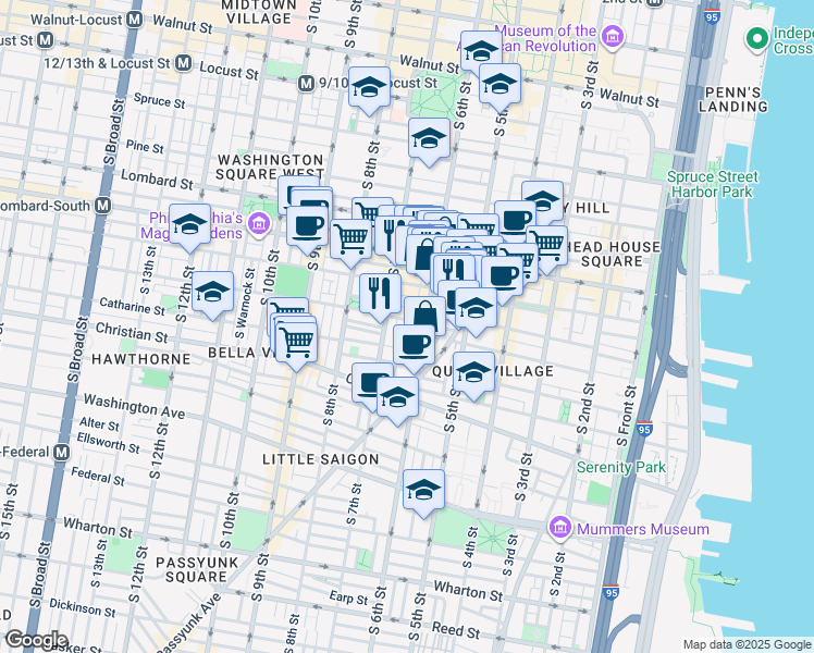 map of restaurants, bars, coffee shops, grocery stores, and more near 616 Fitzwater Street in Philadelphia