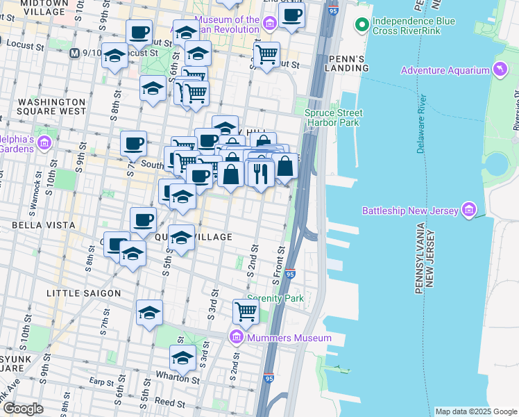 map of restaurants, bars, coffee shops, grocery stores, and more near 708 South 2nd Street in Philadelphia
