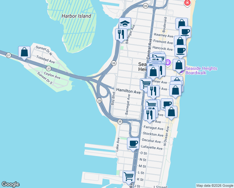 map of restaurants, bars, coffee shops, grocery stores, and more near 330 Hamilton Avenue in Seaside Heights