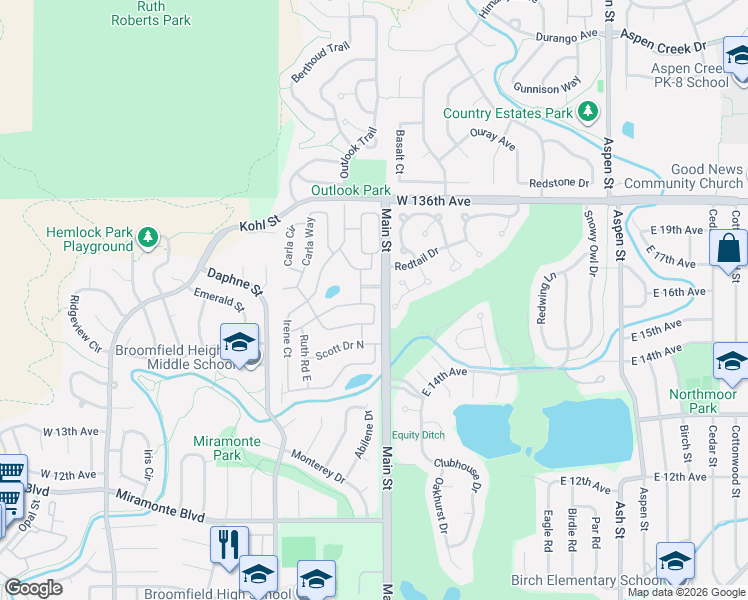 map of restaurants, bars, coffee shops, grocery stores, and more near 1 Douglas Drive North in Broomfield