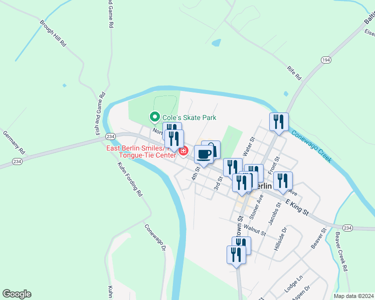 map of restaurants, bars, coffee shops, grocery stores, and more near 407 North Avenue in East Berlin