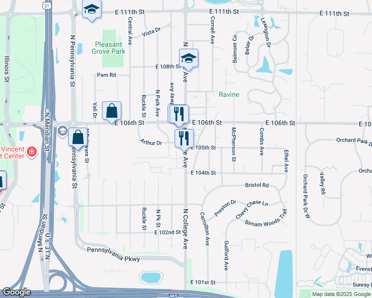 map of restaurants, bars, coffee shops, grocery stores, and more near 10505 North College Avenue in Indianapolis
