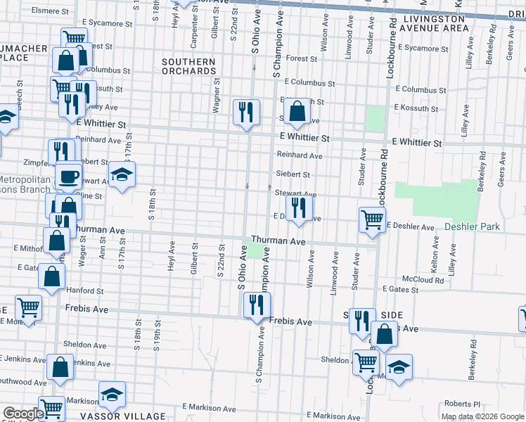 map of restaurants, bars, coffee shops, grocery stores, and more near 1201 South Champion Avenue in Columbus