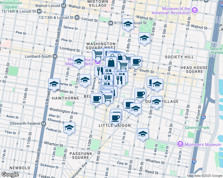 map of restaurants, bars, coffee shops, grocery stores, and more near 759 South 9th Street in Philadelphia