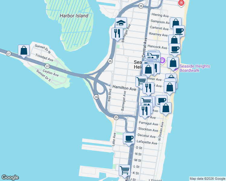 map of restaurants, bars, coffee shops, grocery stores, and more near 330 Hamilton Avenue in Seaside Heights