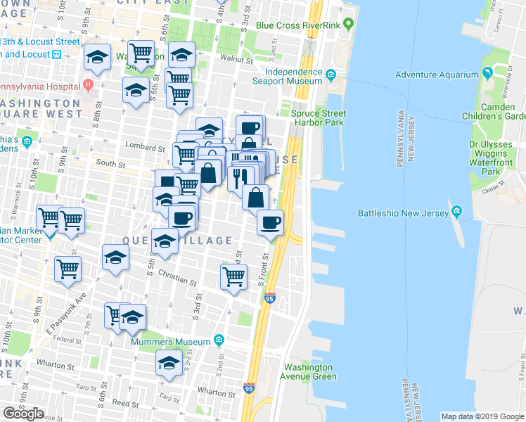 map of restaurants, bars, coffee shops, grocery stores, and more near in Philadelphia