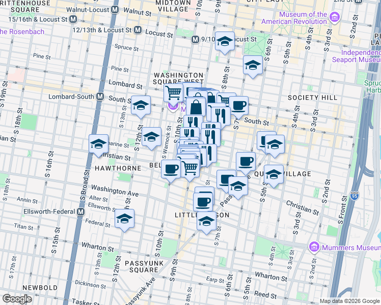 map of restaurants, bars, coffee shops, grocery stores, and more near in Philadelphia