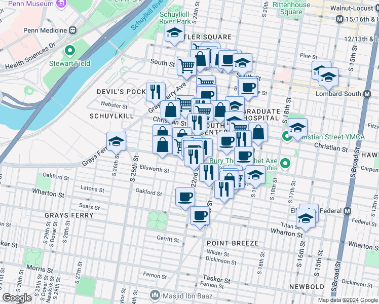 map of restaurants, bars, coffee shops, grocery stores, and more near 2135 League Street in Philadelphia