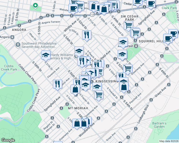 map of restaurants, bars, coffee shops, grocery stores, and more near 5424 Belmar Street in Philadelphia