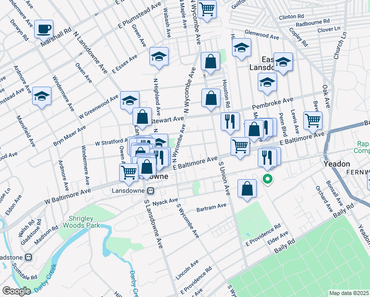 map of restaurants, bars, coffee shops, grocery stores, and more near 77 East Lacrosse Avenue in Lansdowne