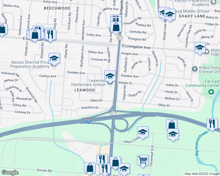 map of restaurants, bars, coffee shops, grocery stores, and more near 1677 South Hamilton Road in Columbus