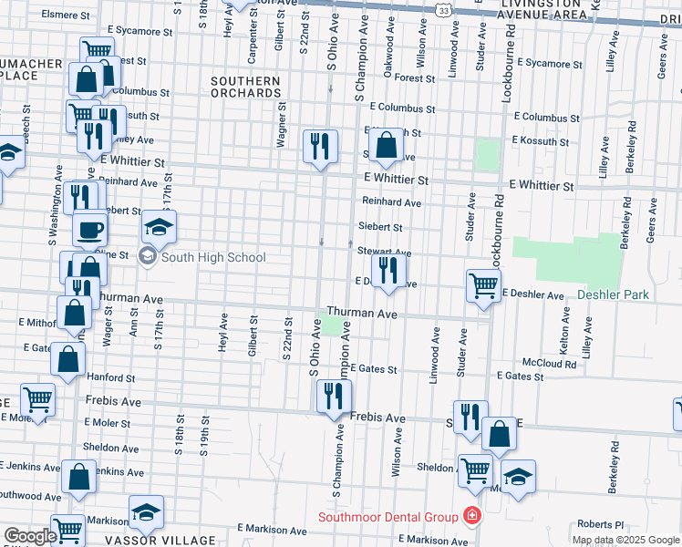 map of restaurants, bars, coffee shops, grocery stores, and more near 1201 South Champion Avenue in Columbus
