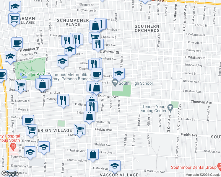 map of restaurants, bars, coffee shops, grocery stores, and more near 545 Cline Street in Columbus