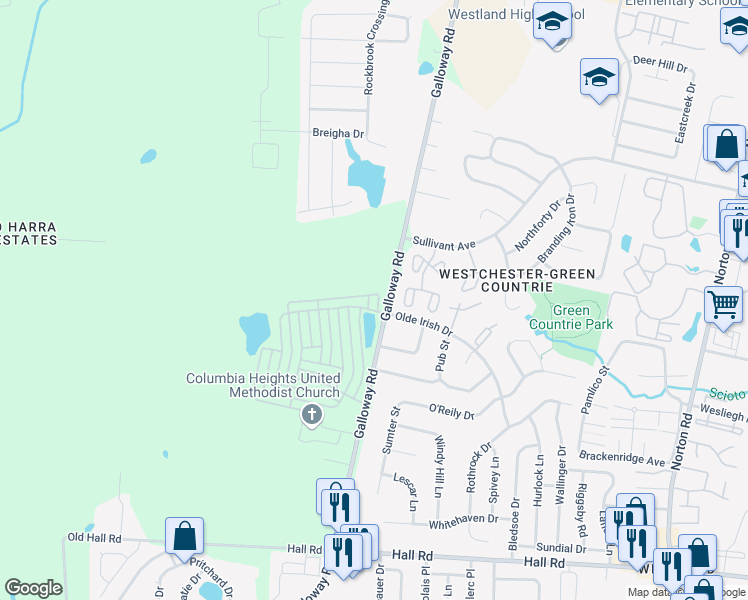 map of restaurants, bars, coffee shops, grocery stores, and more near 539 Galloway Road in Galloway