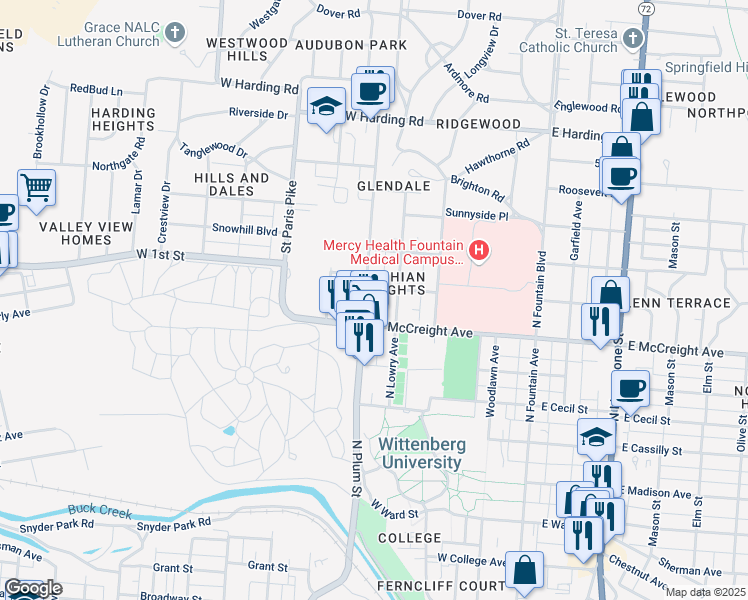 map of restaurants, bars, coffee shops, grocery stores, and more near 322 West 1st Street in Springfield